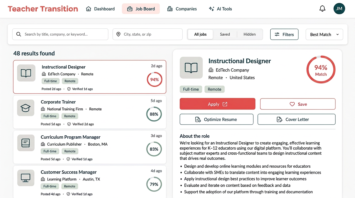 Teacher Transition member job board showing curated roles with match scores