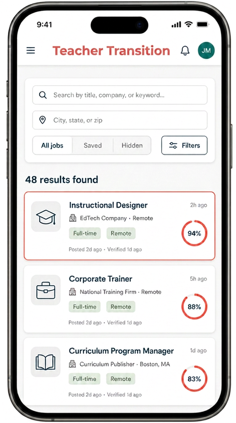 Teacher Transition job board on a mobile phone